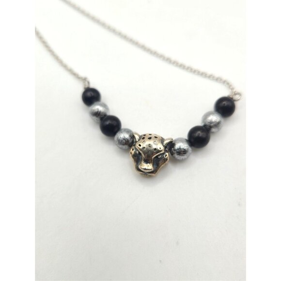 Sterling Silver Necklace Cat Head Pendant Black & Silver Beads Animal Jewelry - Picture 6 of 6